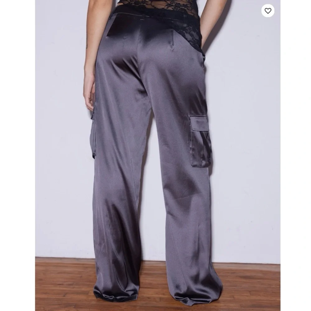 Wide Leg Satin Cargo Pants in Charcoal Gray - Picture 2 of 8